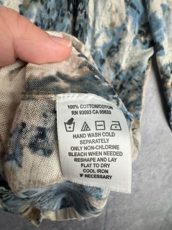 Abstract Print Top Cotton Neutral Blue Beige Quiet Luxury Minimalist Blouse - Picture 3 of 4